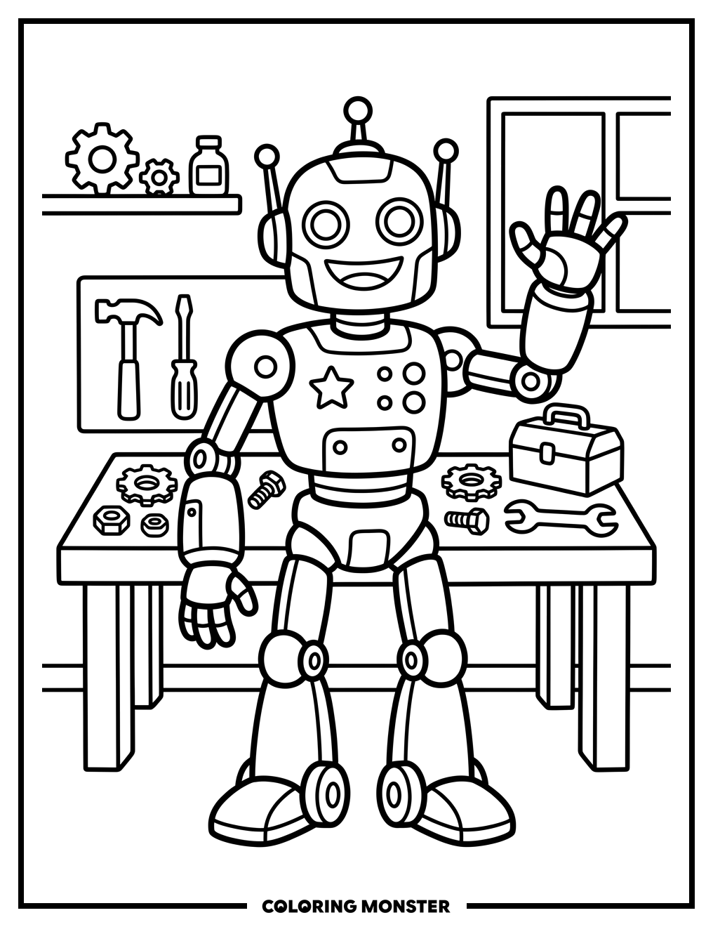 Friendly Robot in Workshop Coloring Page