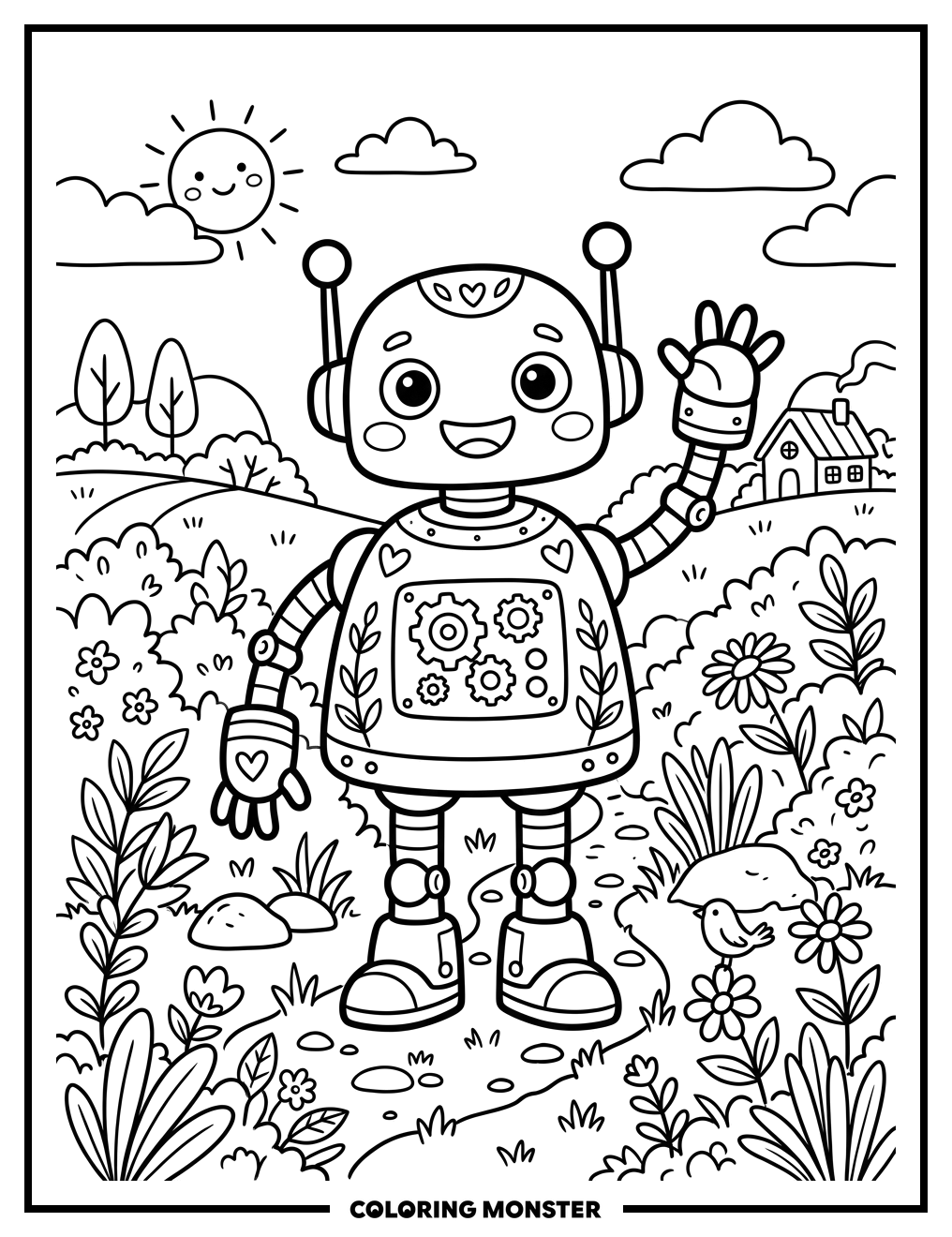 Friendly Robot Waving Hello Coloring Page