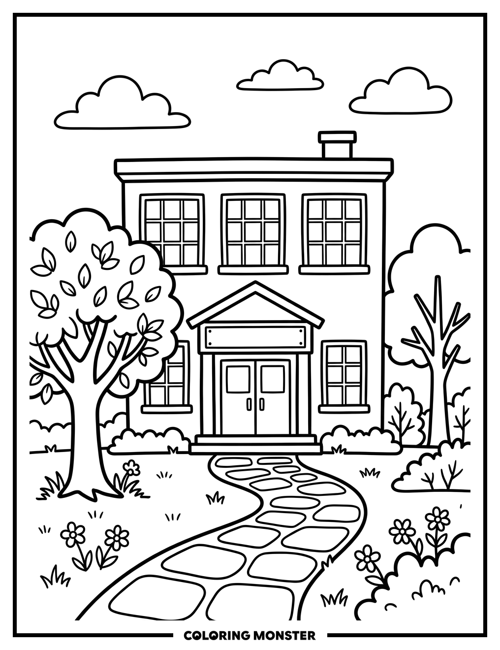 Friendly School Building Coloring Page