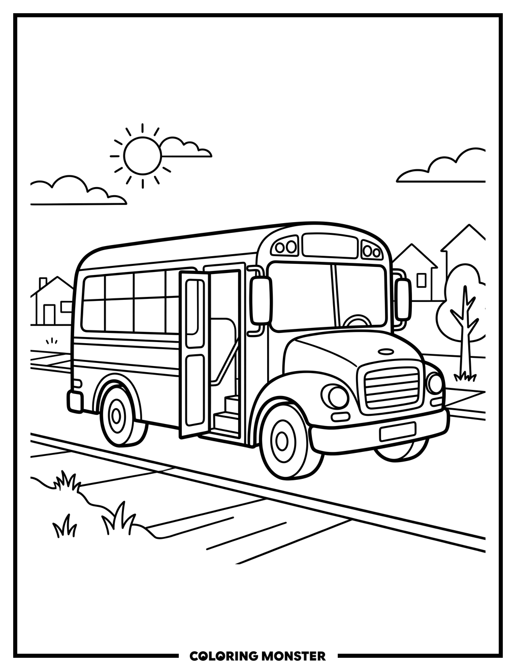 Friendly School Bus on Sunny Street Coloring Page