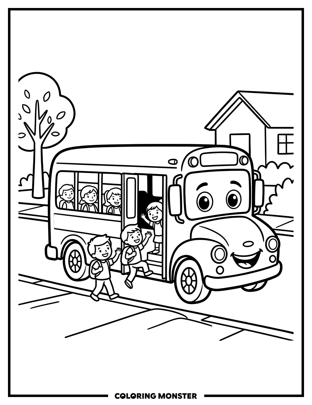 Friendly School Bus Waiting for Kids Coloring Page