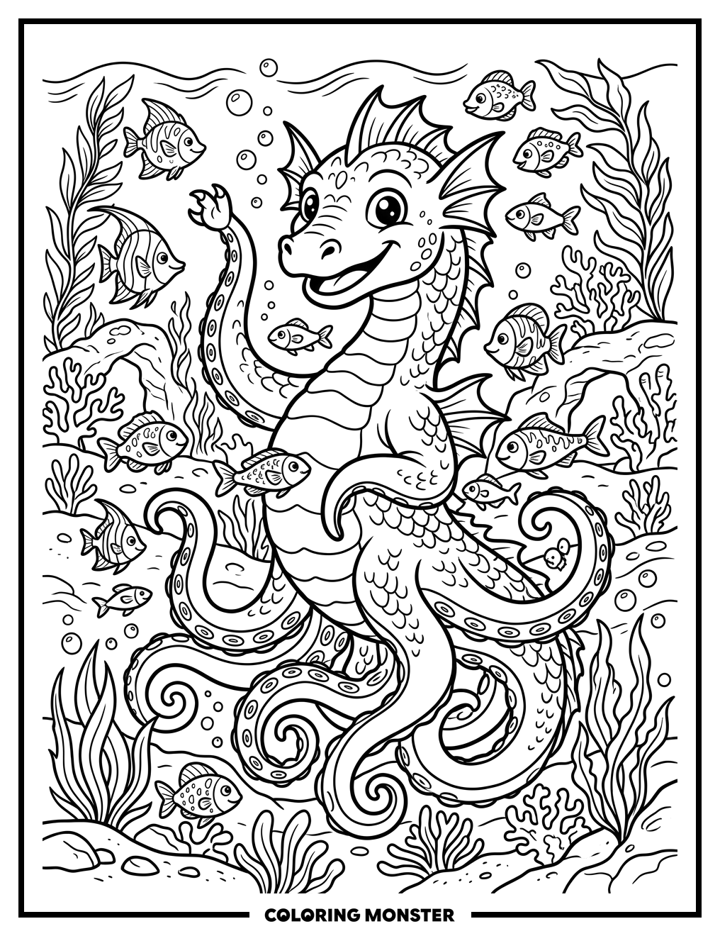Friendly Sea Monster Waving Hello Coloring Page
