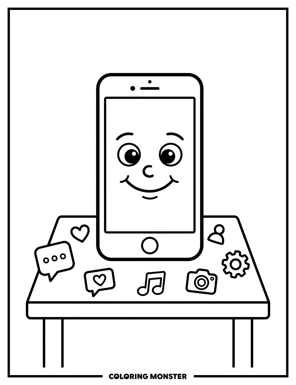 Friendly Smartphone Smiling On A Table Coloring Page