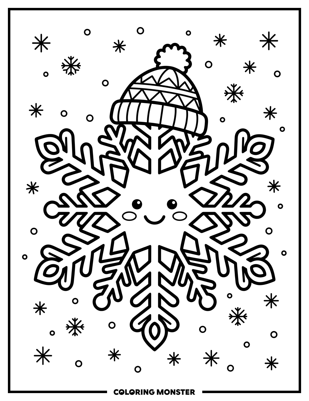Friendly Snowflake With Winter Hat Coloring Page
