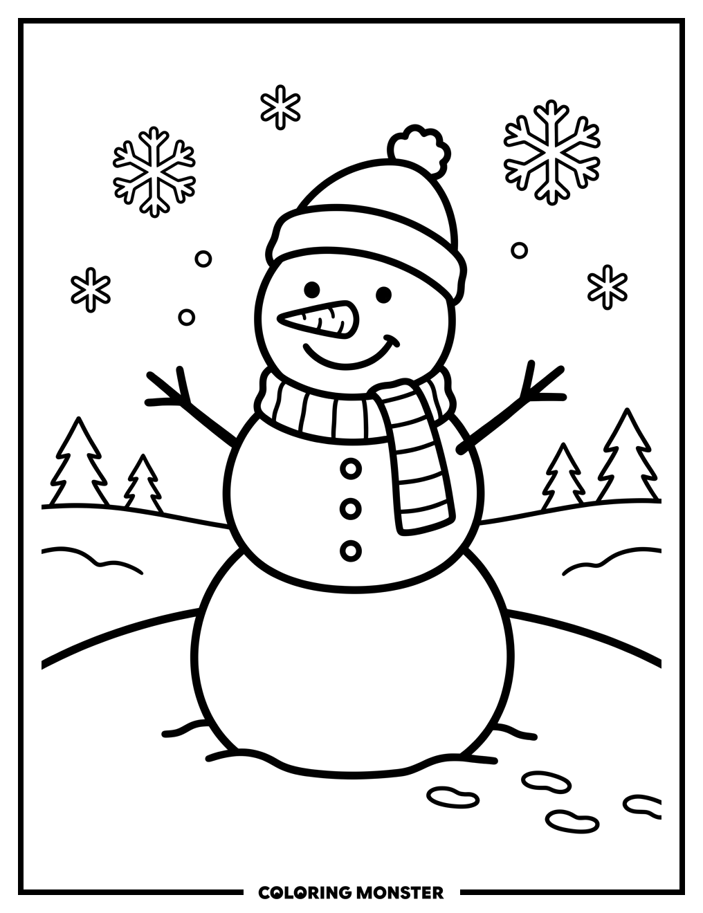 Friendly Snowman in a Snowy Field Coloring Page