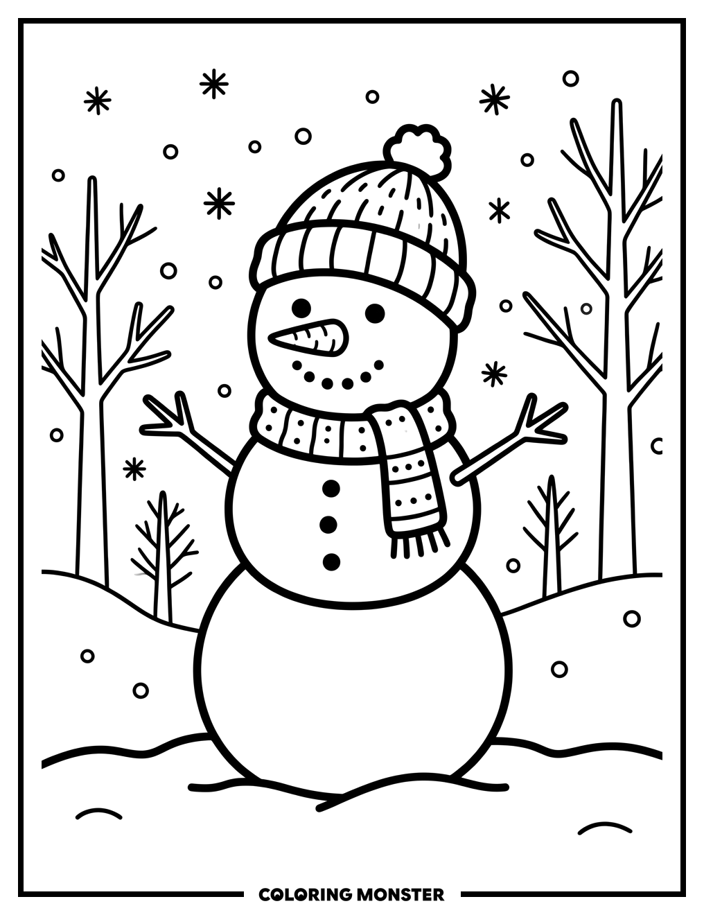 Friendly Snowman in Snowy Landscape Coloring Page