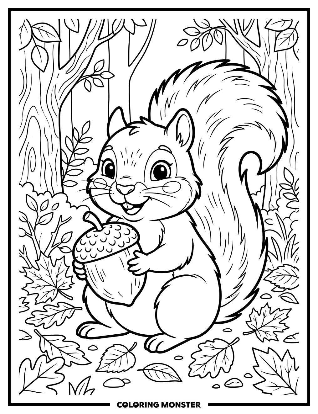 Friendly Squirrel with Acorn Coloring Page