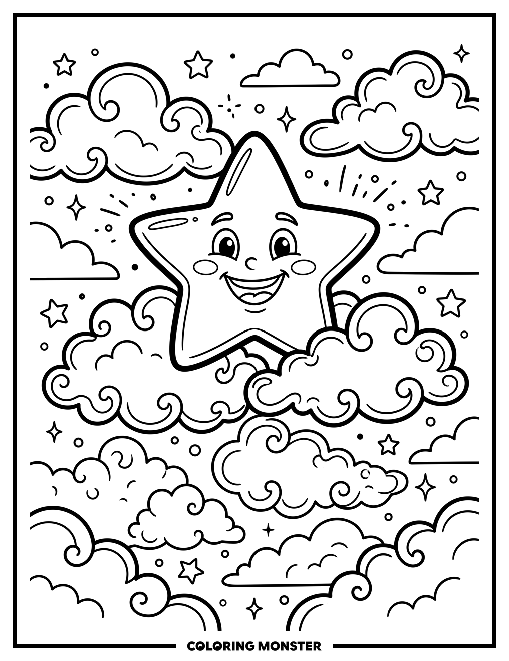 Friendly Star in the Clouds Coloring Page