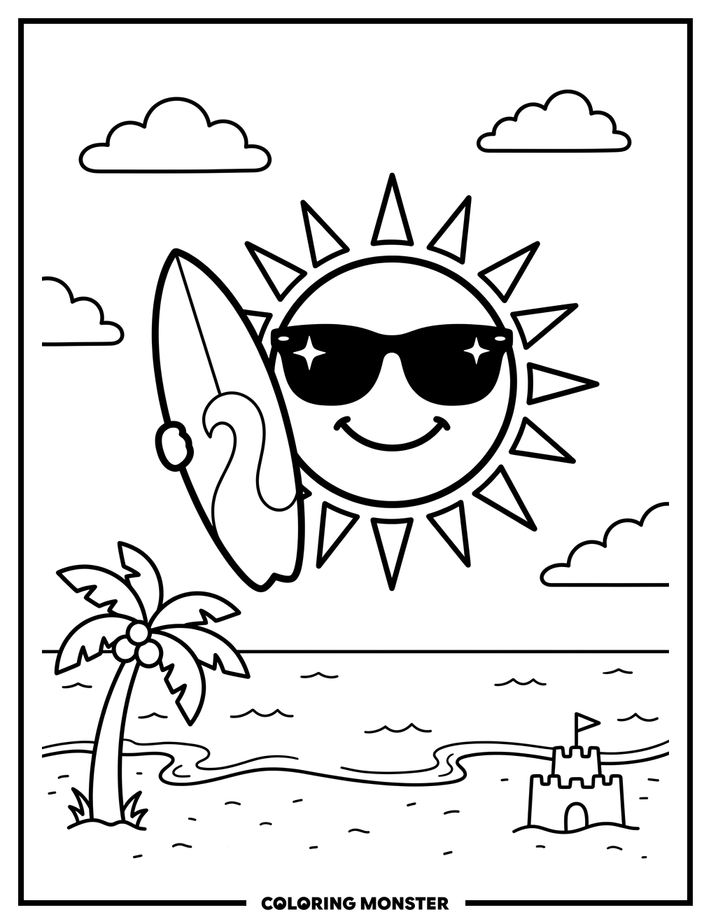 Friendly Sun With Surfboard Coloring Page