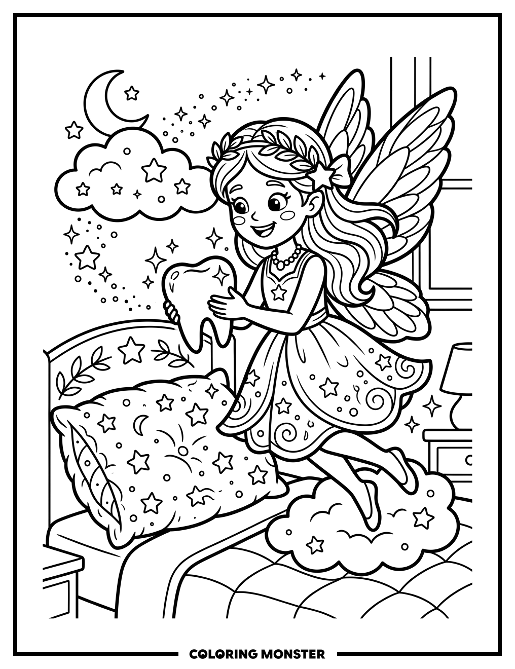Friendly Tooth Fairy with Shiny Tooth Coloring Page