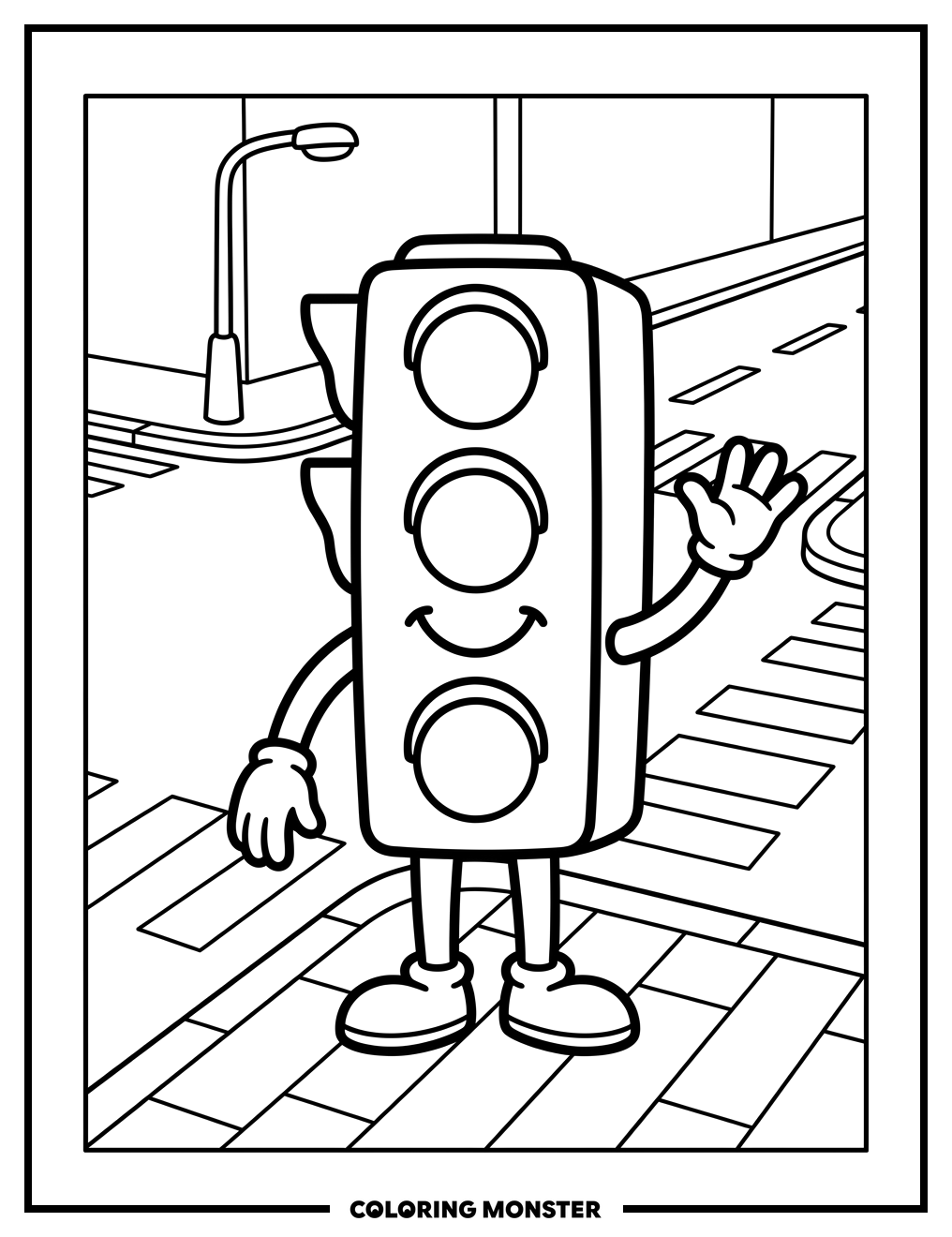 Friendly Traffic Light at Intersection Coloring Page