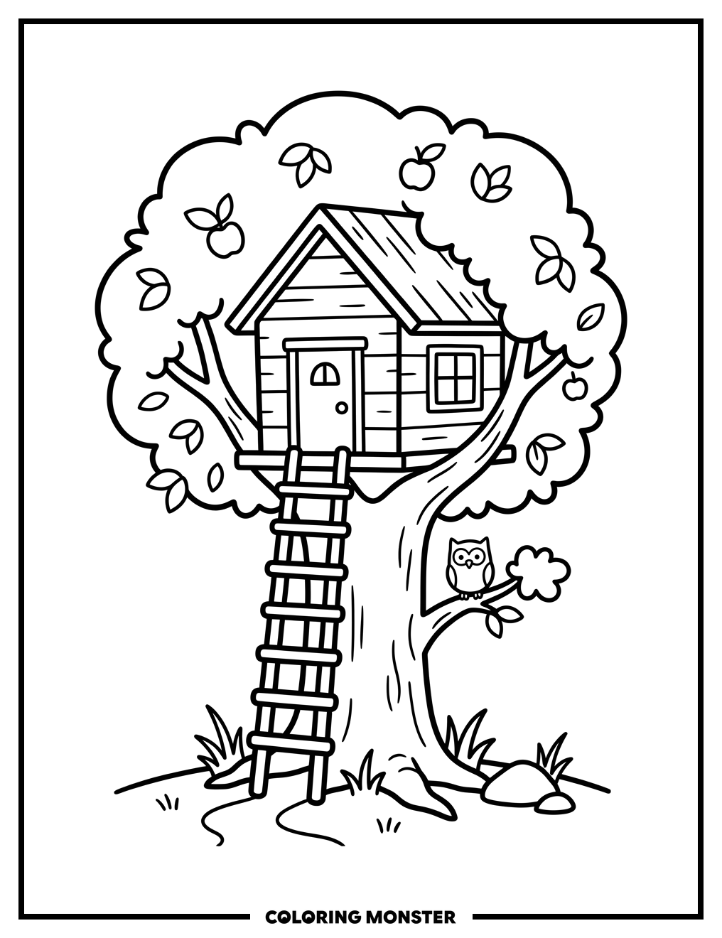 Friendly Treehouse in a Round Tree Coloring Page