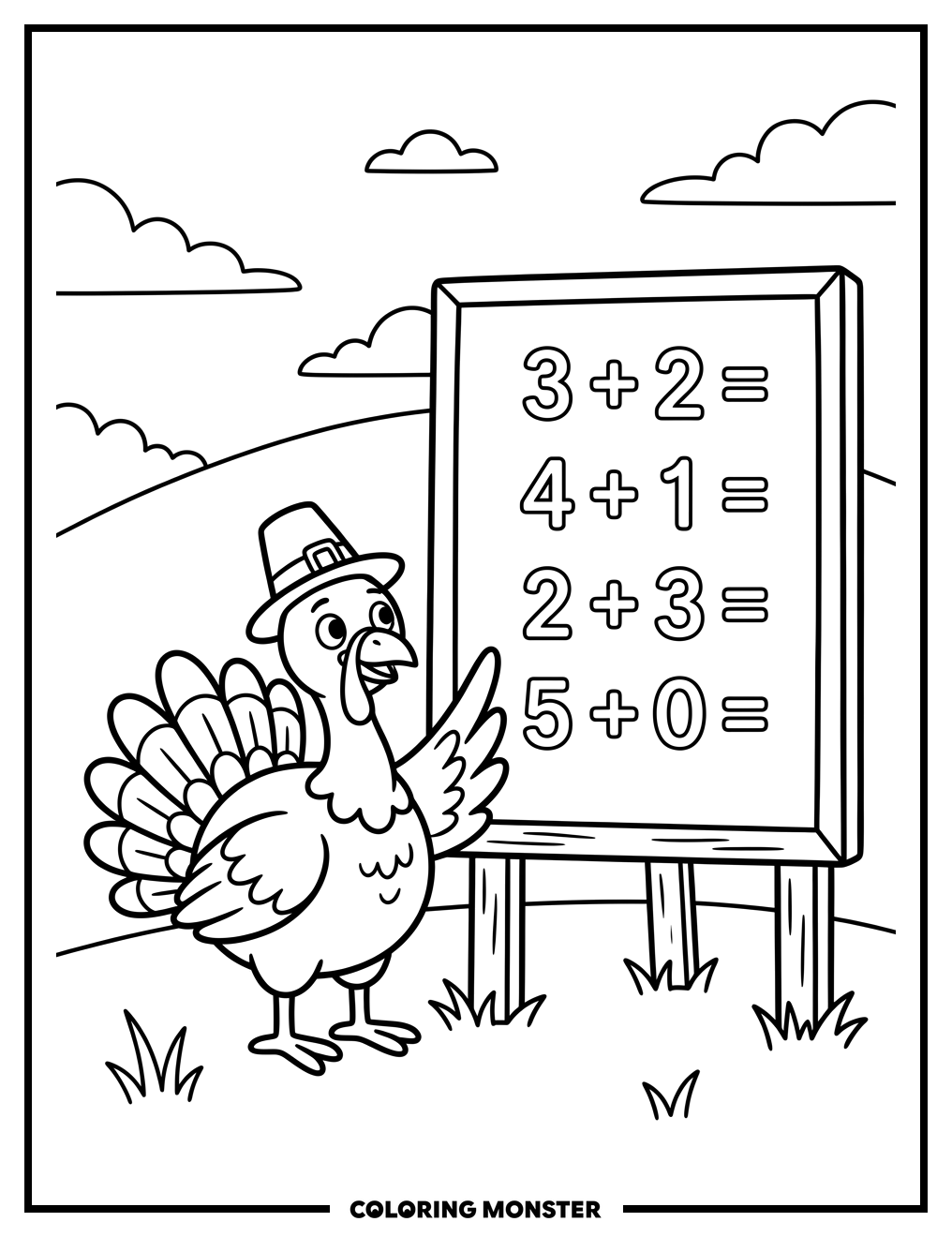 Friendly Turkey and Math Chalkboard Coloring Page