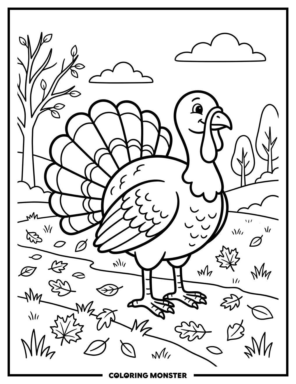 Friendly Turkey in Autumn Field Coloring Page
