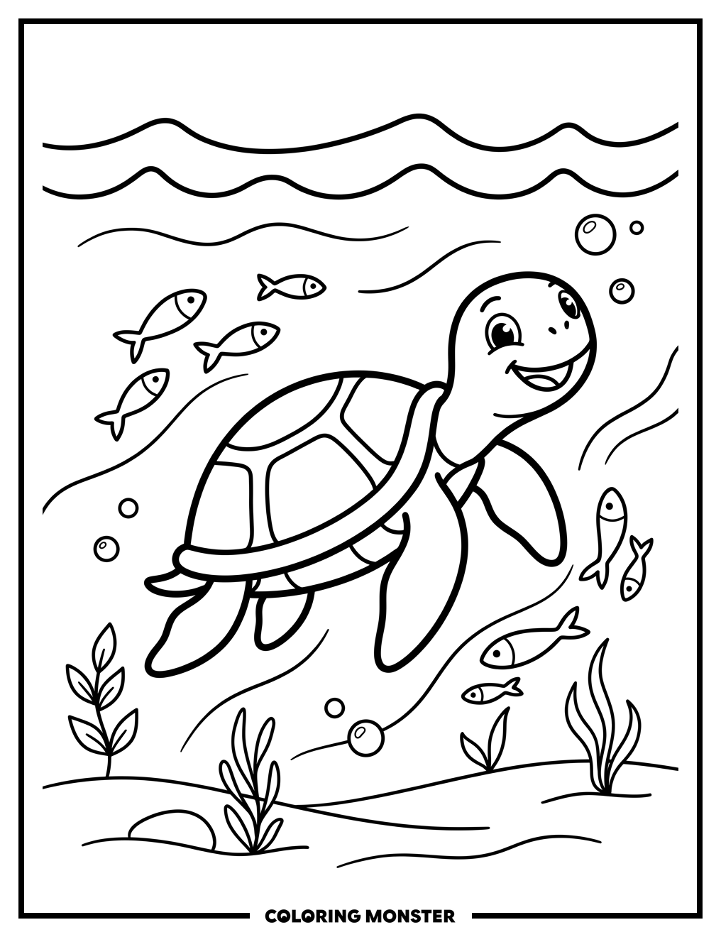 Friendly Turtle Swimming in Clear Blue Water Coloring Page