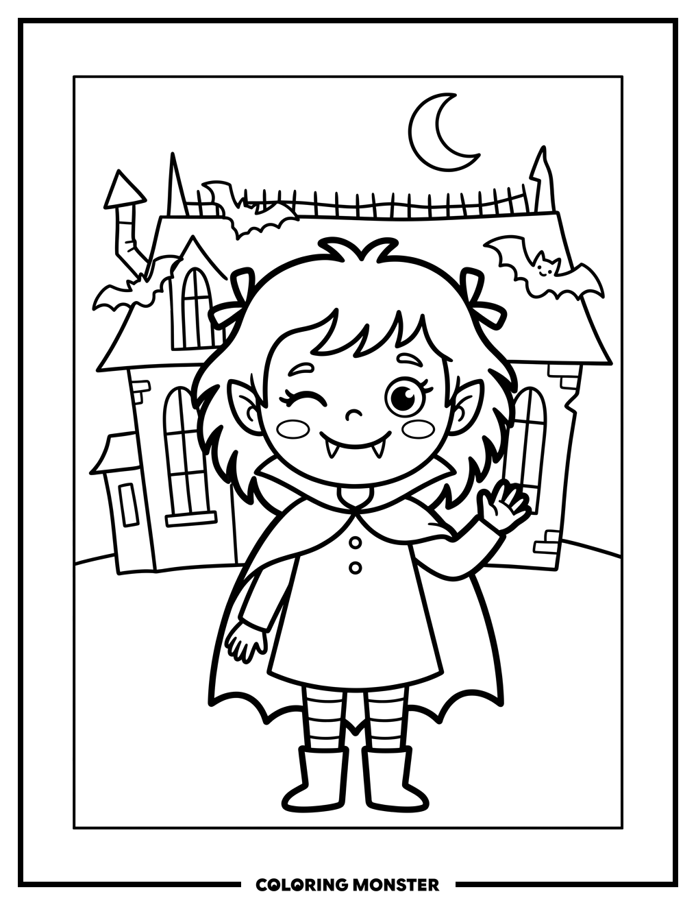 Friendly Vampire Girl and Haunted House Coloring Page