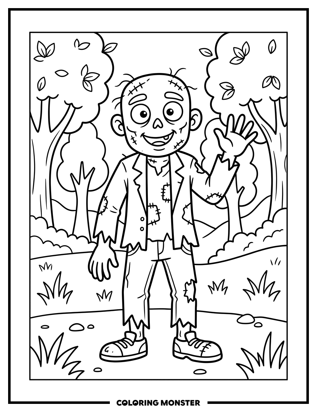 Friendly Waving Zombie In Park