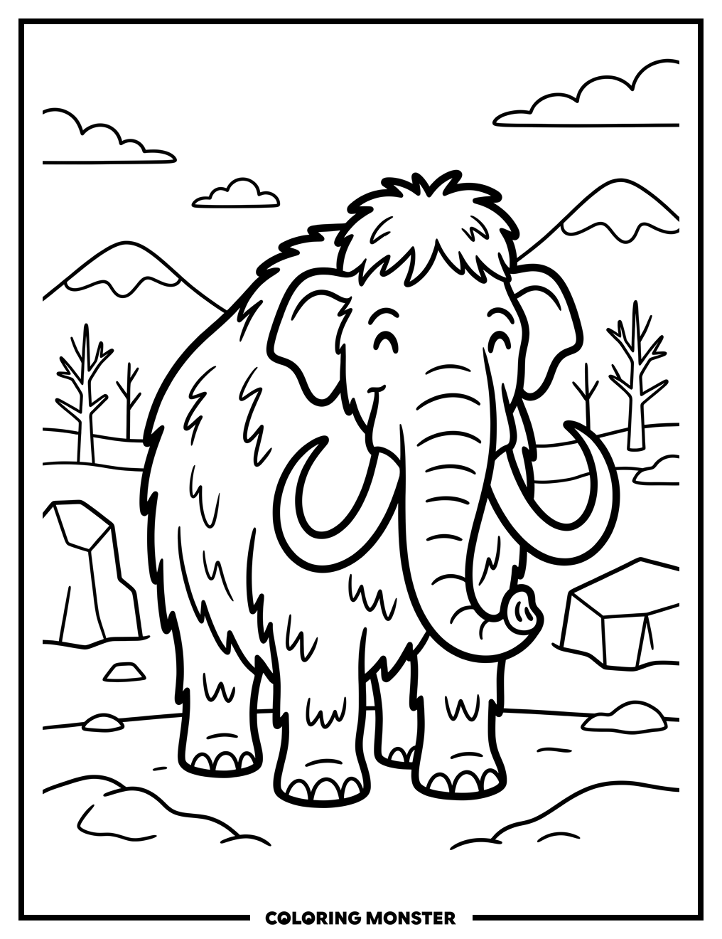 Friendly Woolly Mammoth In Snow Coloring Page