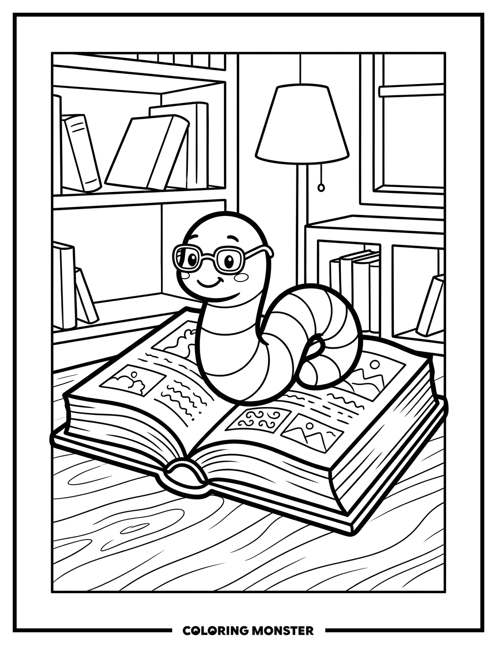 Friendly Worm Reading a Book Coloring Page