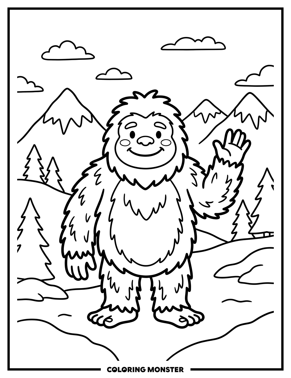 Friendly Yeti in Snowy Mountains Coloring Page