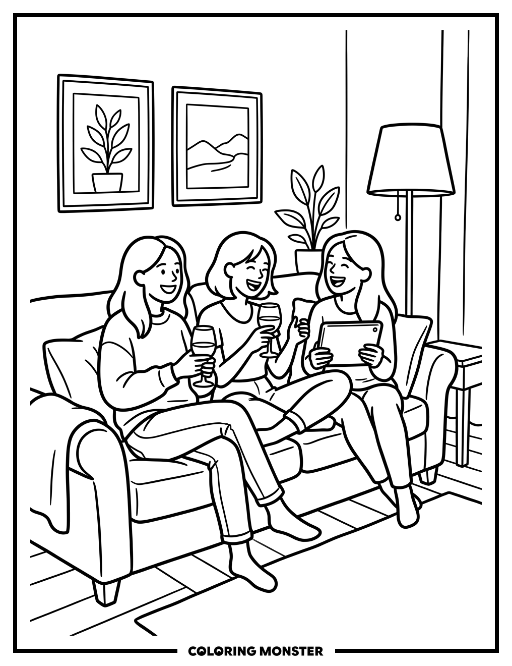 Friends Chatting on a Sofa Coloring Page
