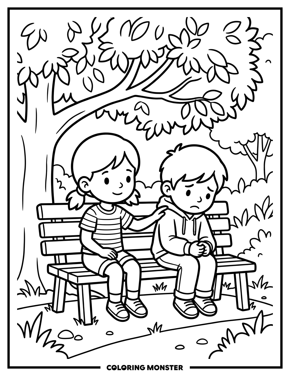 Friends Comforting Each Other On A Park Bench Coloring Page