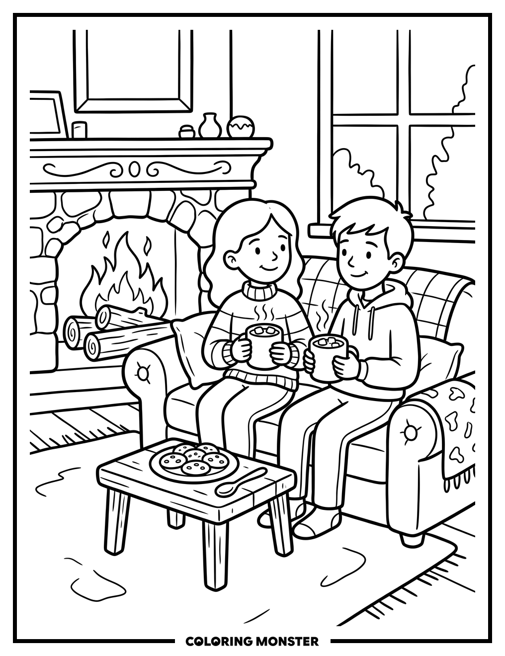 Friends Enjoying Hot Chocolate by the Fire Coloring Page