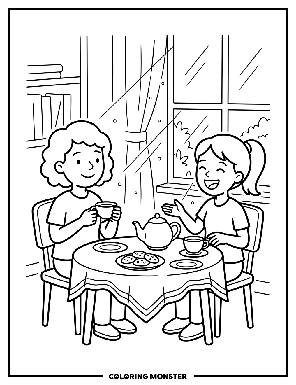Friends Enjoying Tea Time Coloring Page