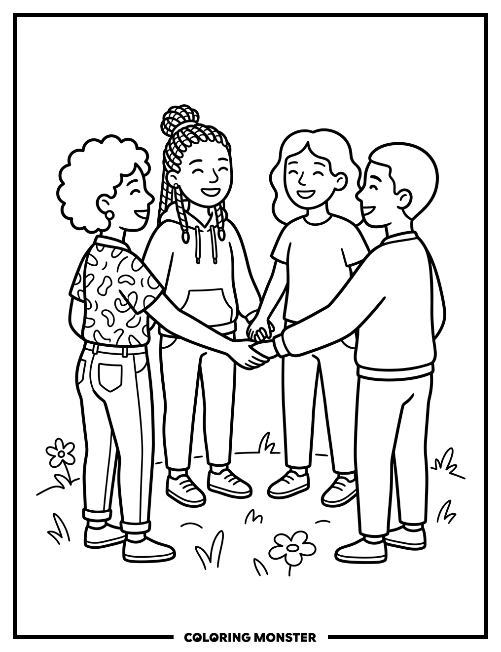 Friends Holding Hands in a Circle Coloring Page