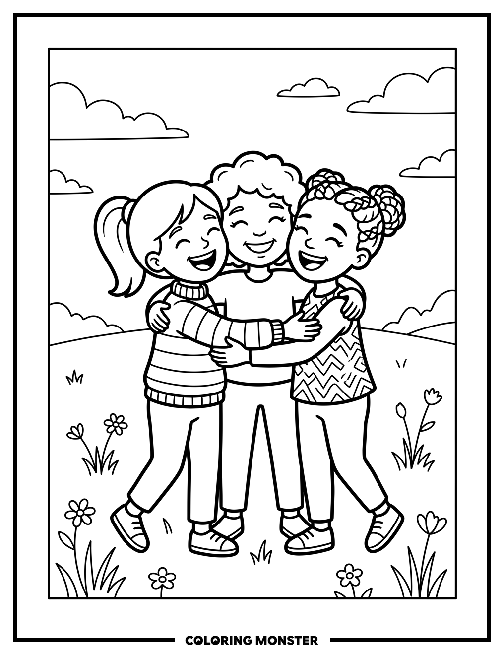 Friends Hugging in a Field Coloring Page