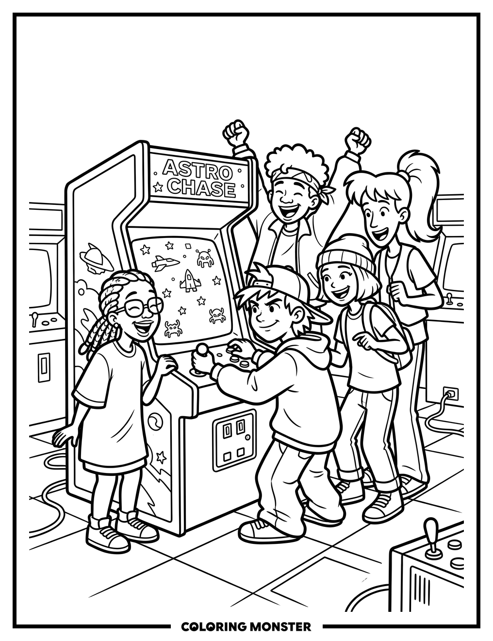 Friends Playing Arcade Game Coloring Page