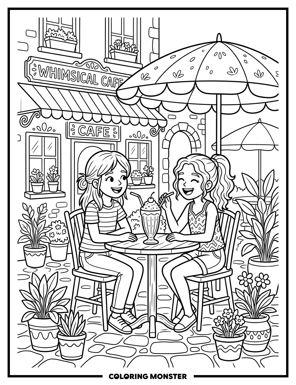 Friends Sharing A Milkshake At Outdoor Cafe Coloring Page
