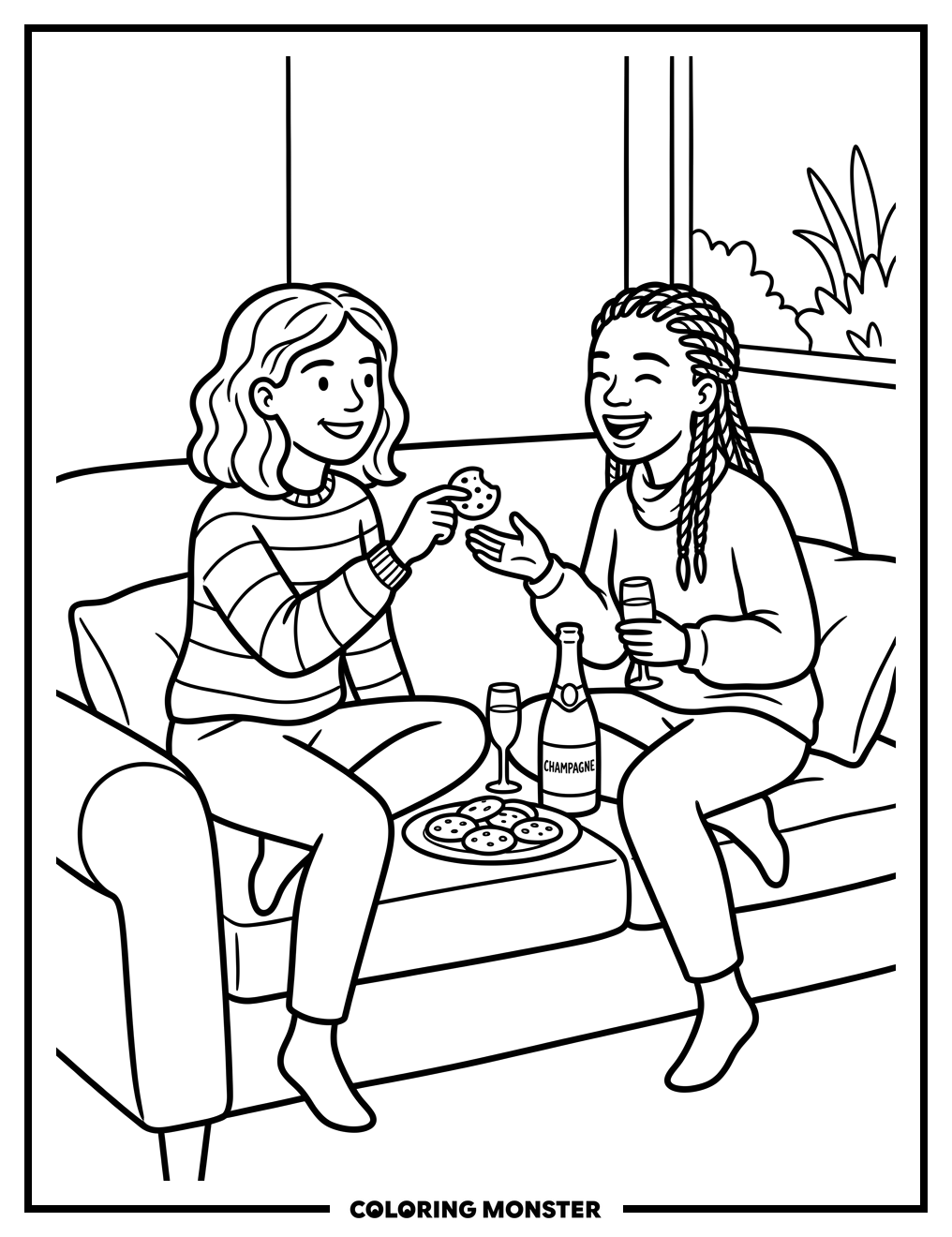 Friends Sharing Cookies and Champagne Coloring Page