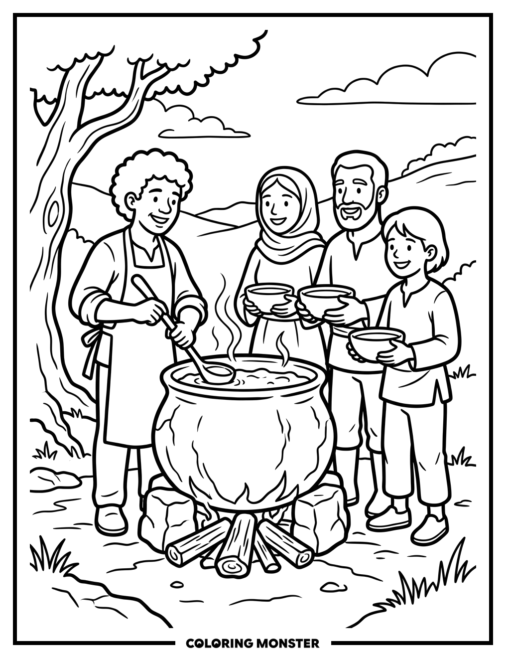 Friends Sharing Soup Coloring Page