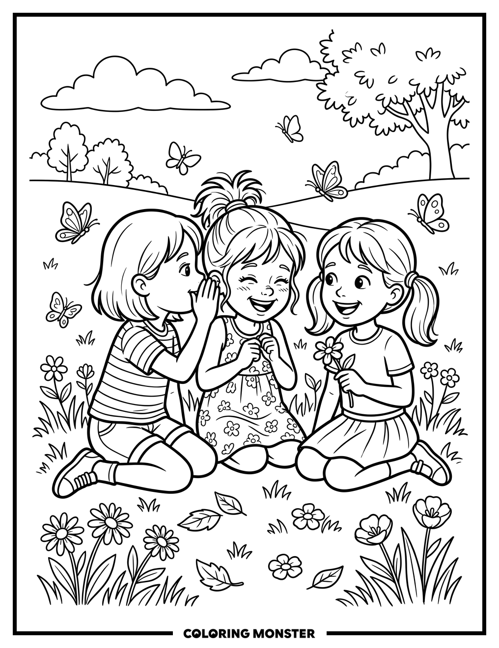 Friends Whispering Secrets In Meadow Coloring Page