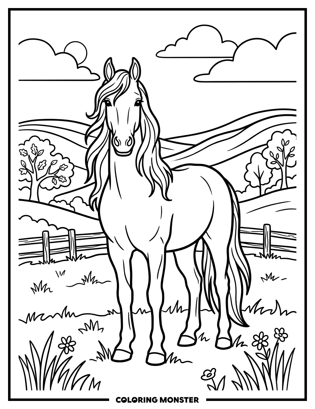 Friesian Horse in Rolling Hills Coloring Page
