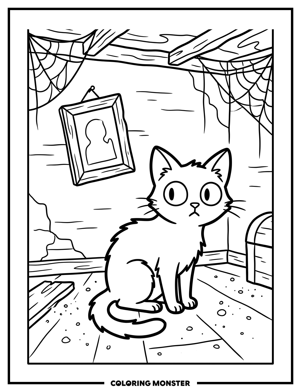 Frightened Cat in Haunted House Coloring Page