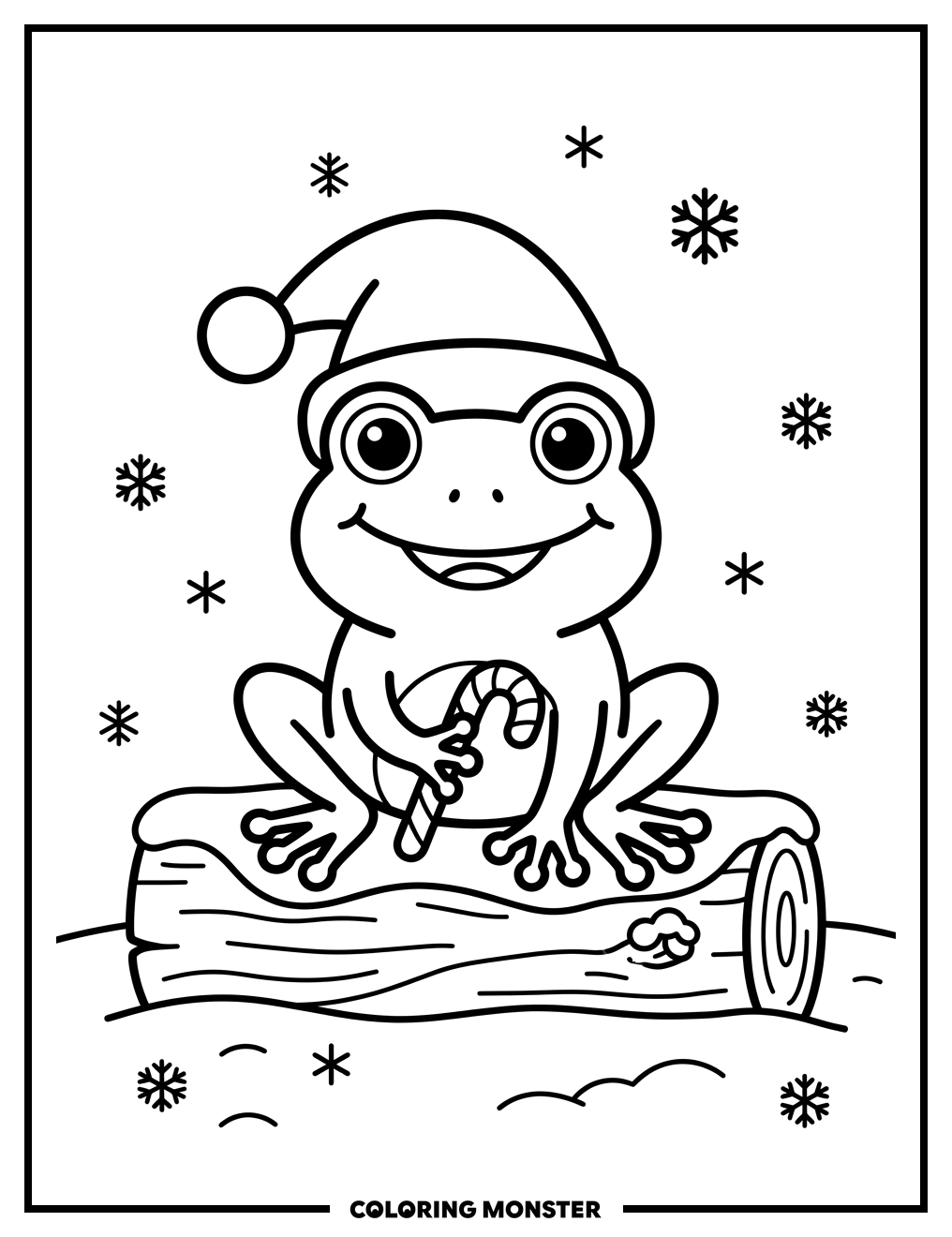 Frog With Santa Hat and Candy Cane Coloring Page