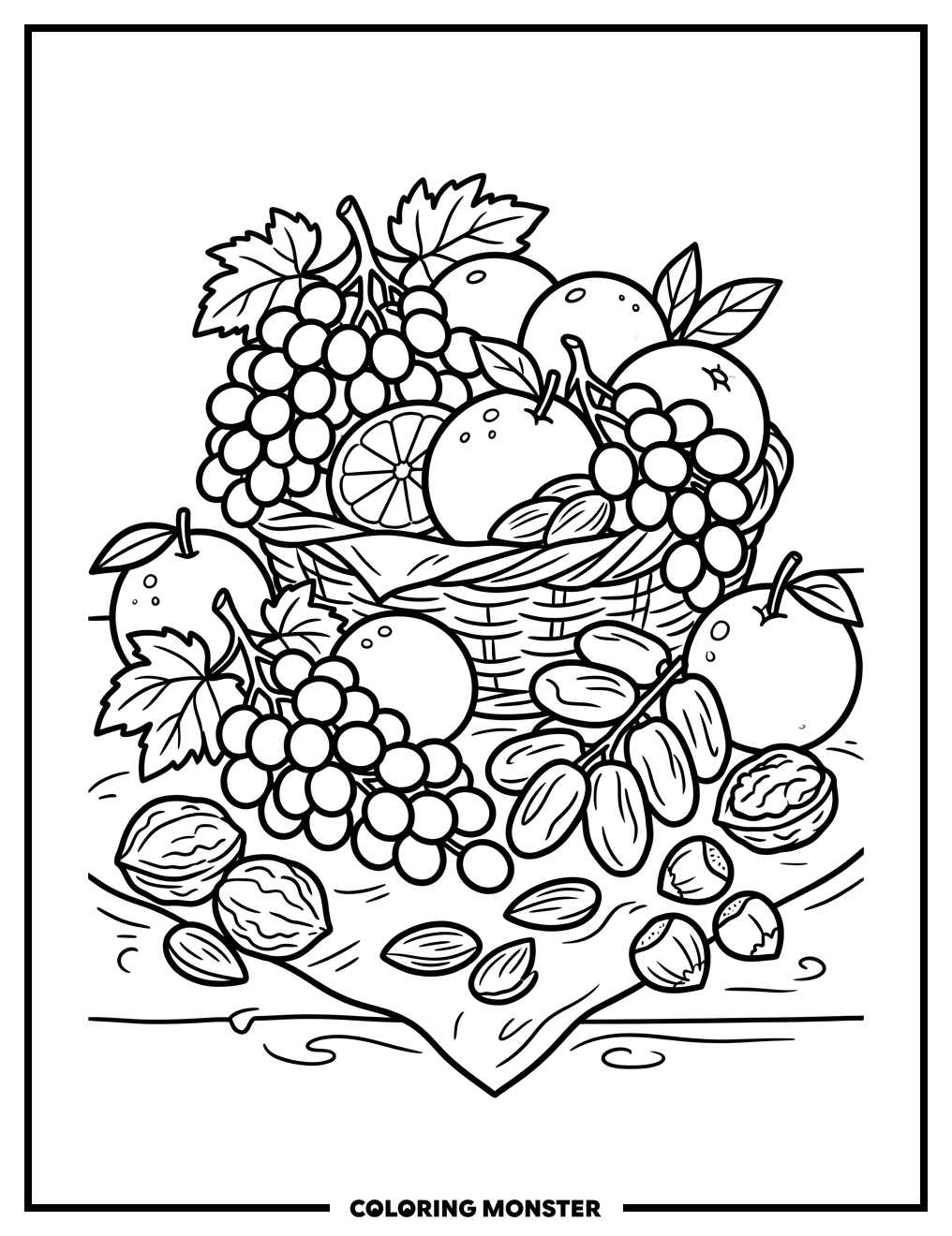 Fruit and Nut Harvest Display Coloring Page