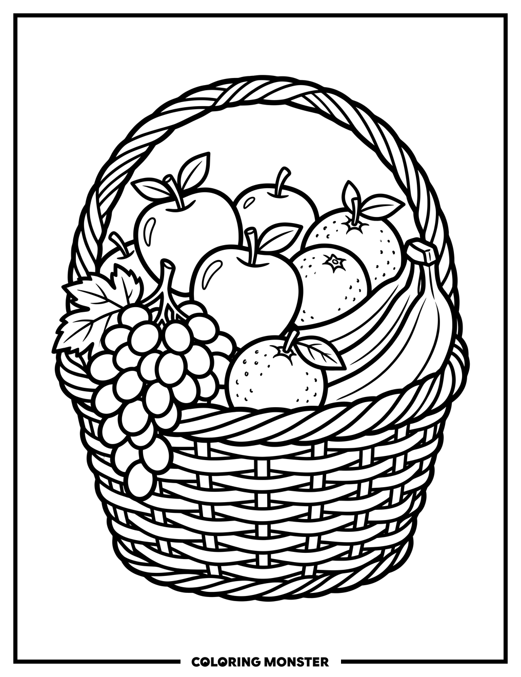 Fruit Basket with Apples, Oranges, and Grapes Coloring Page