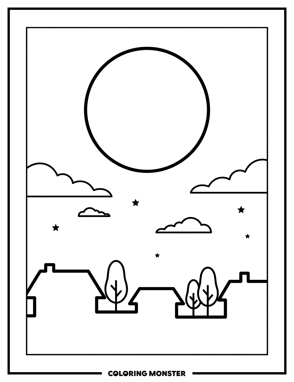 Full Moon Over Quiet Town Coloring Page
