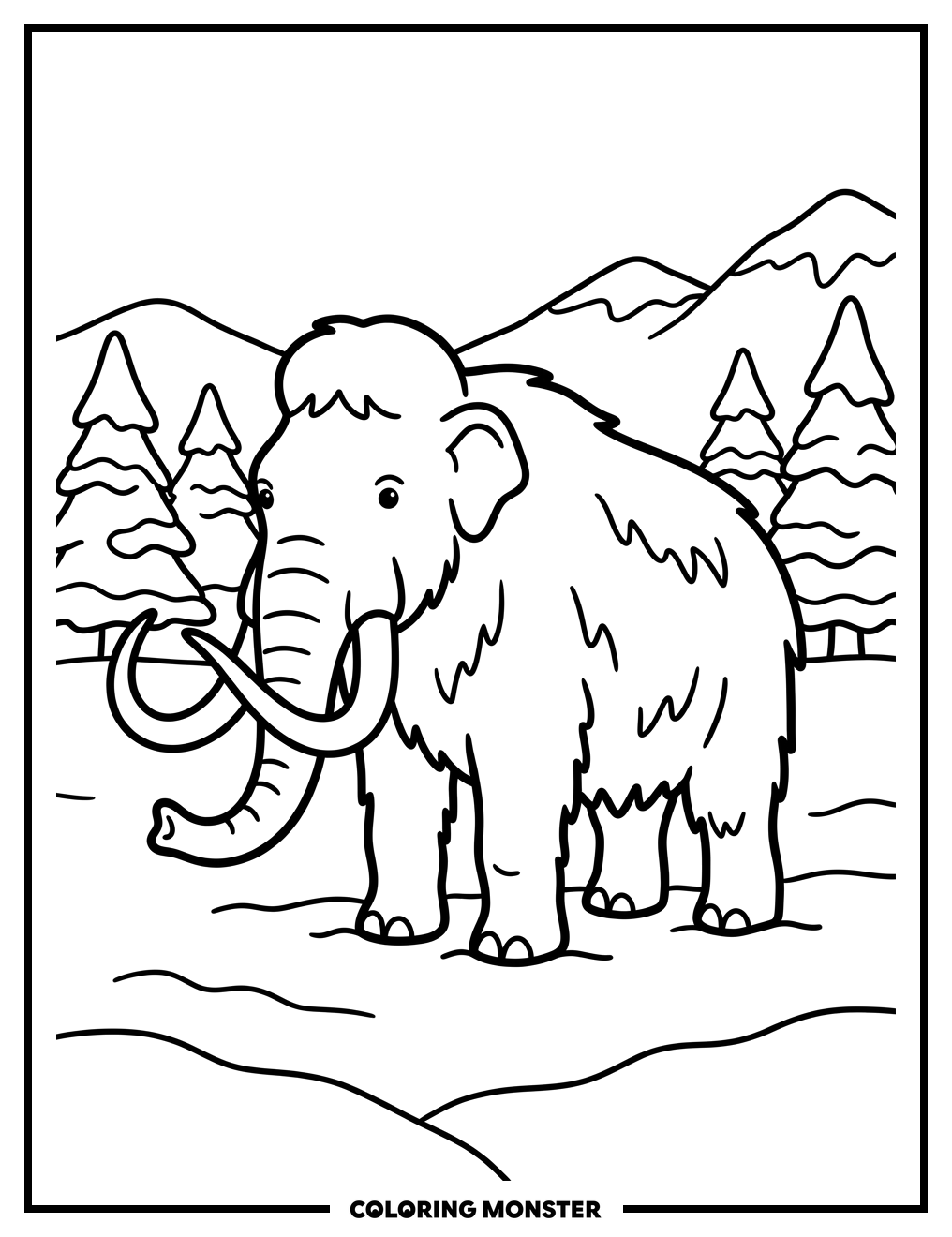 Furry Mammoth in Snowy Field Coloring Page