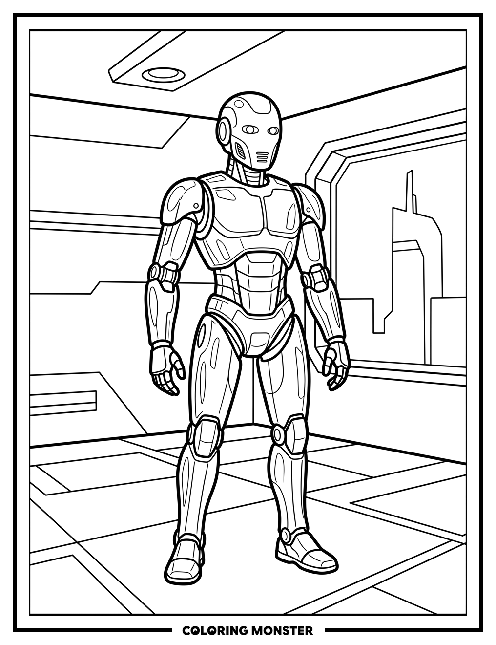 Futuristic Chrome Robot Coloring Page