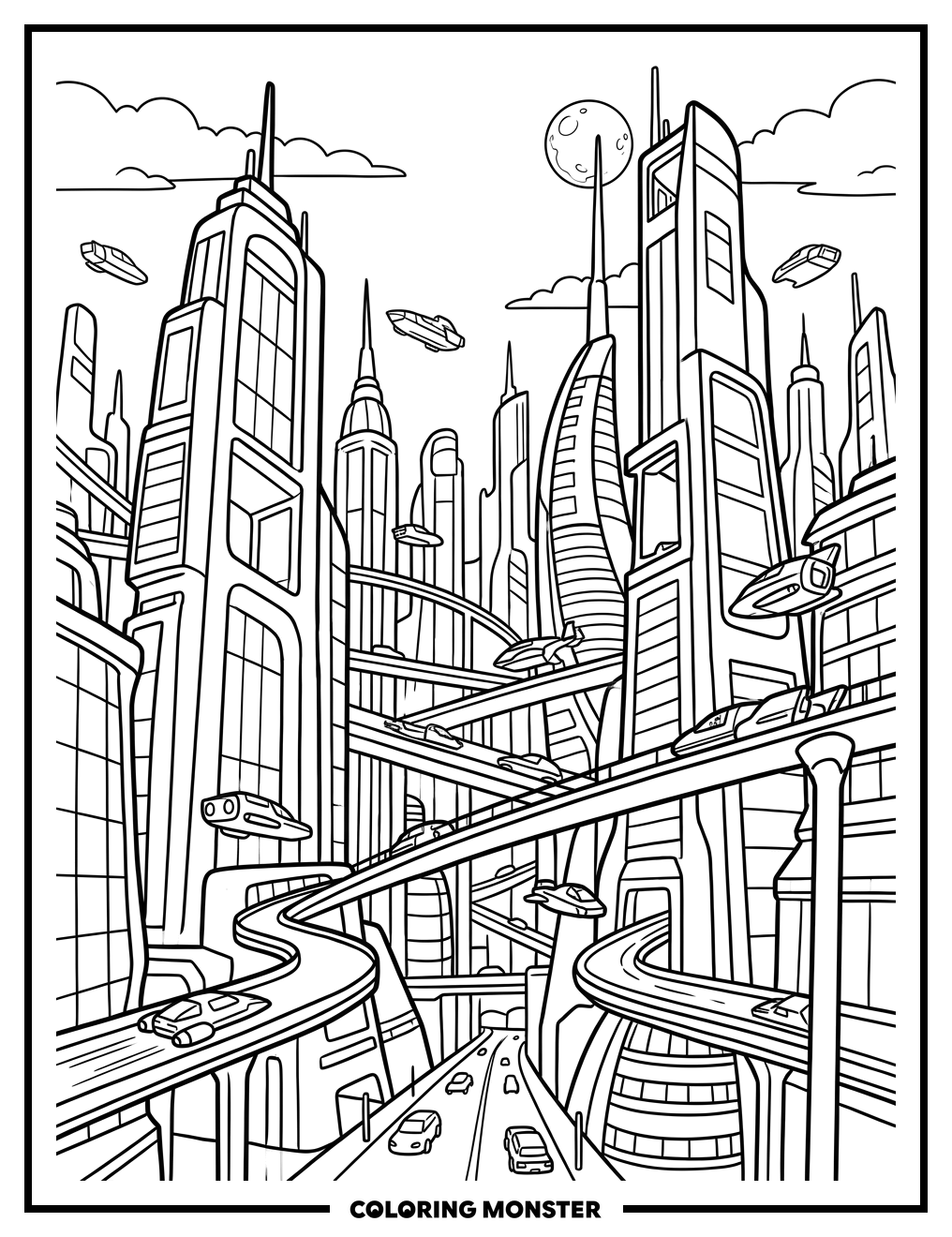 Futuristic City Skyline Coloring Page