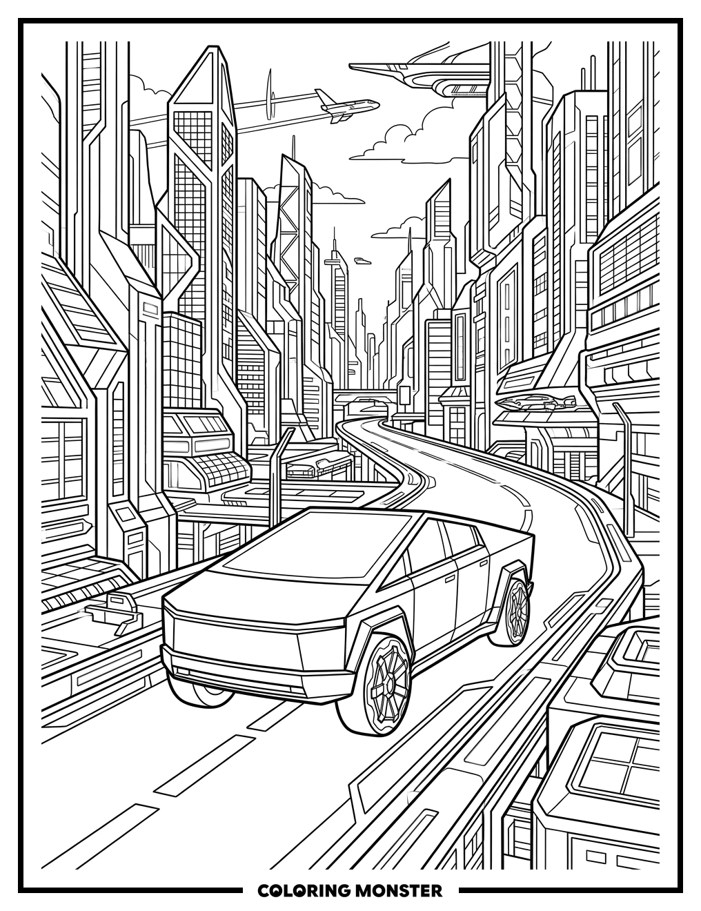 Futuristic Cybertruck City Drive Coloring Page