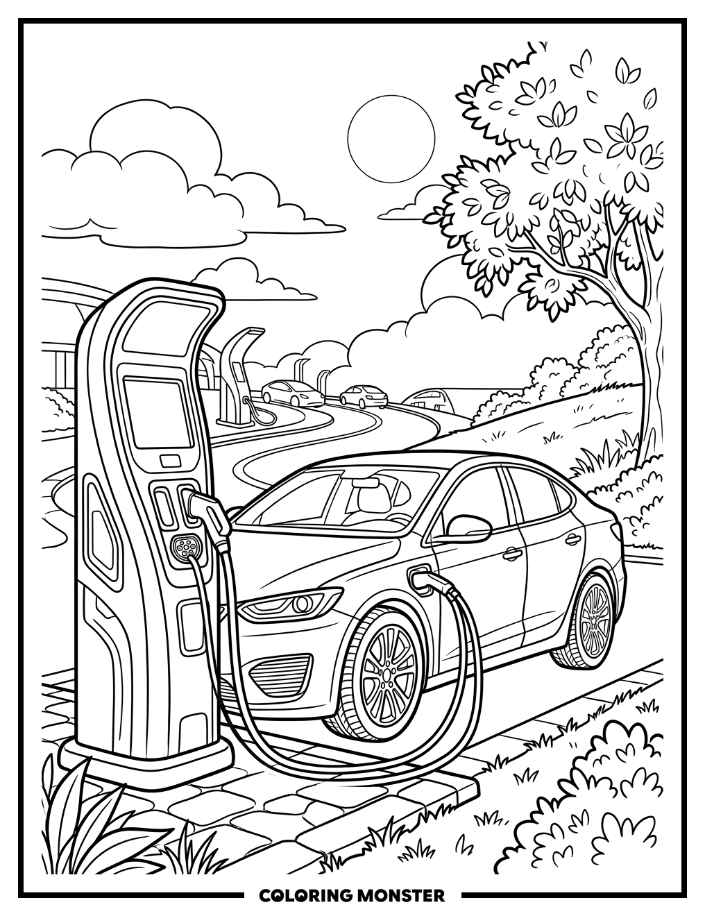 Futuristic Electric Car Charging Station Coloring Page
