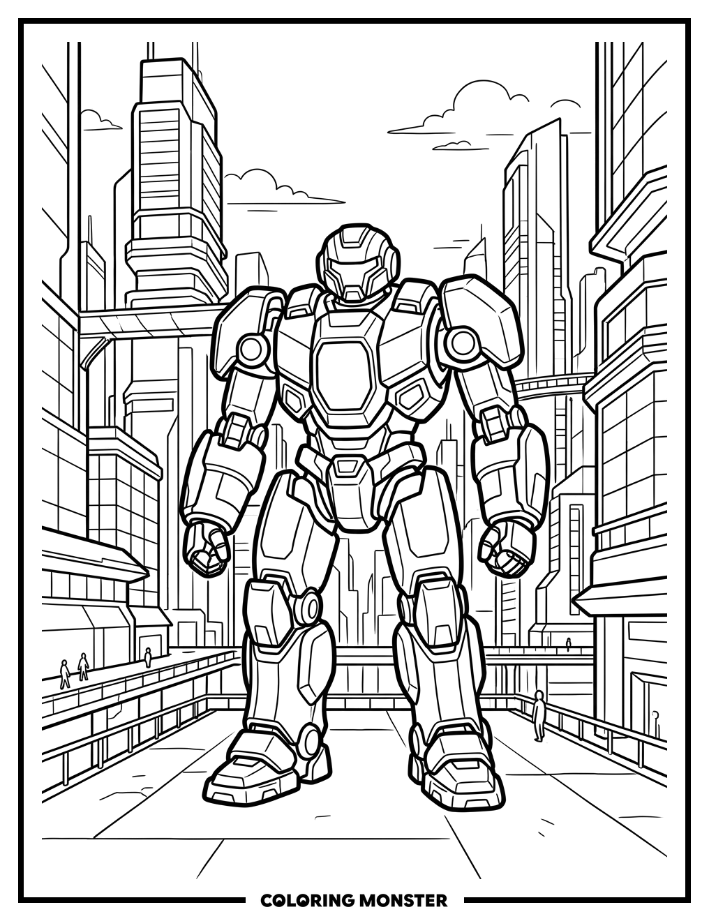 Futuristic Mech in City Plaza Coloring Page