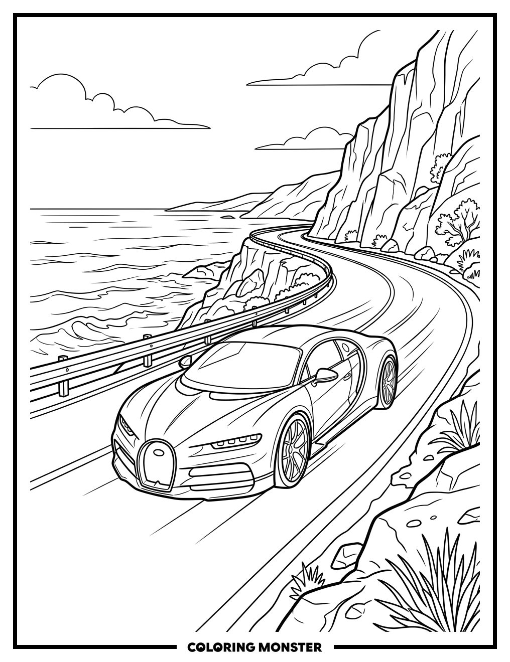 Futuristic Sports Car on Coastal Highway Coloring Page