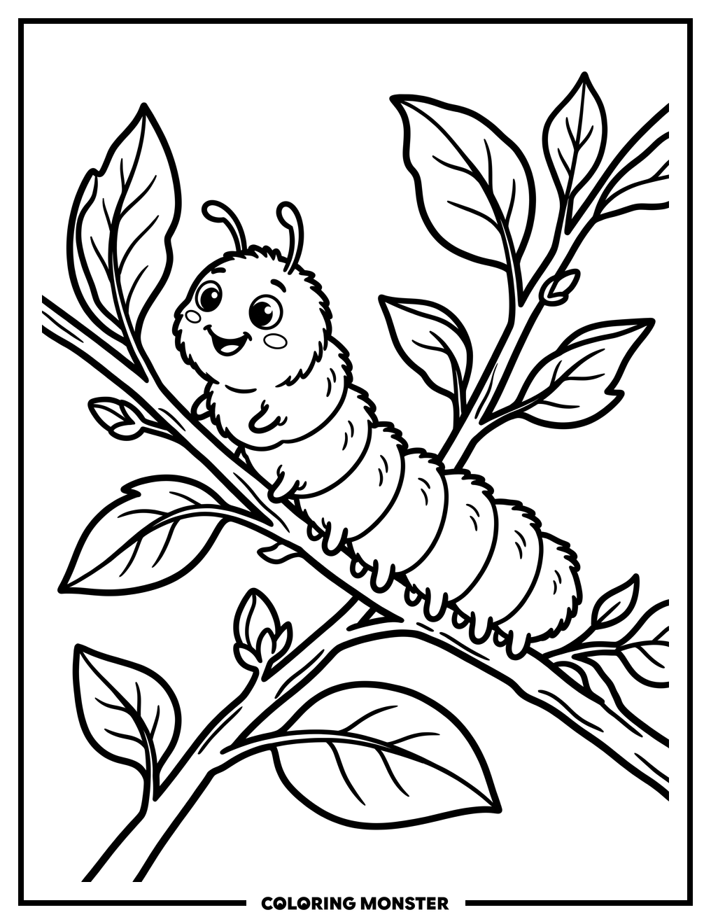 Fuzzy Caterpillar on Leafy Stem Coloring Page