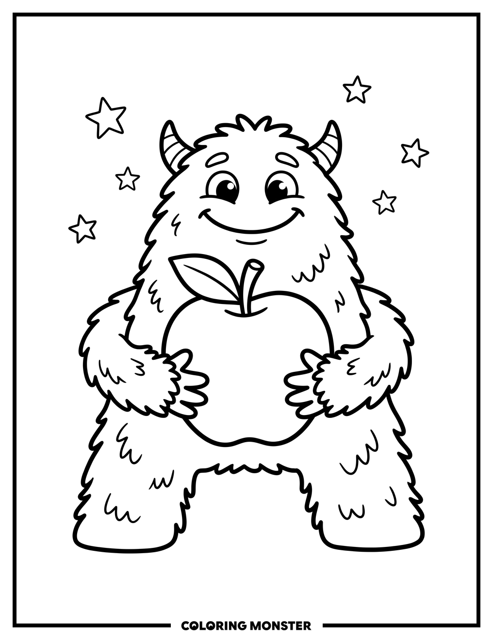 Fuzzy Letter A Monster With Apple Coloring Page